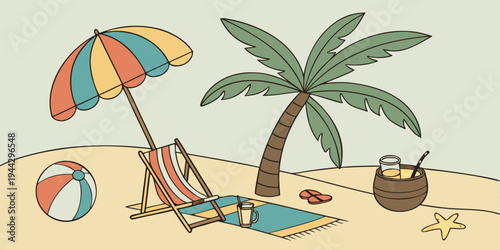 A person relaxing on a beach with a colorful umbrella and a coconut drink