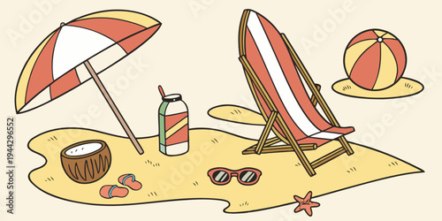 A vibrant beach scene with umbrellas, surfboards, and beach balls on the sand