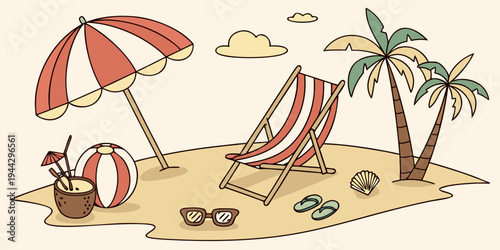 A group of colorful beach umbrellas and sun loungers on a sandy beach.