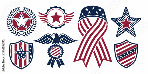 A collection of patriotic symbols and designs featuring stars, stripes, and ribbons.