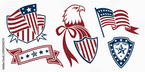 A collection of patriotic symbols including flags, ribbons, and badges.