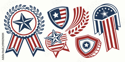 A collection of patriotic badges and ribbons featuring stars and stripes.