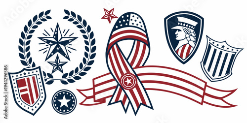 A collection of various badges and flags from different countries and organizations