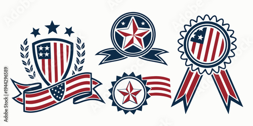 A collection of patriotic symbols including flags, ribbons, and stars.