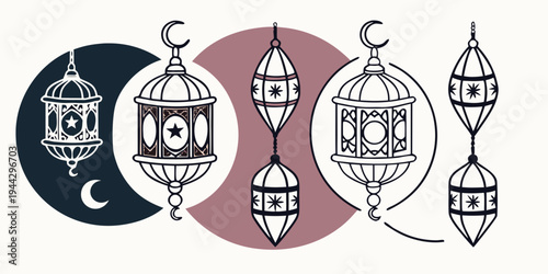 A set of four different colored lanterns with intricate designs and tassels hanging from them