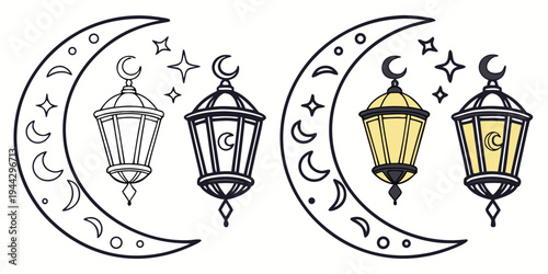 Two vintage lanterns hanging on a crescent moon with stars in the background