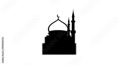 Mosque Silhouette Icon, Islamic Architecture, Dome and Minarets, Black Symbol on White Background