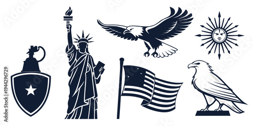 A collection of patriotic symbols including an eagle, a shield, and the statue of liberty