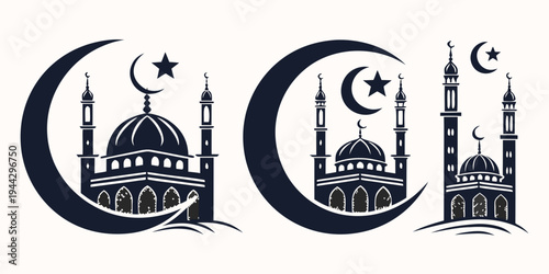 Two crescent moons with mosques and stars in the center of each moon.