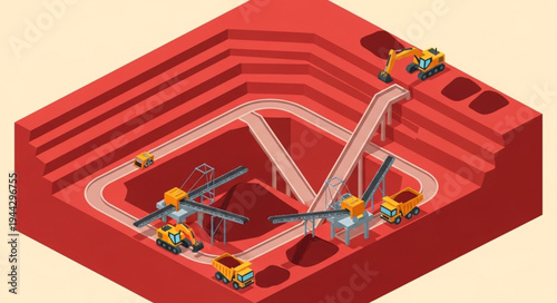 Isometric illustration of a red open-pit mine with various mining equipment and trucks working in the quarry.