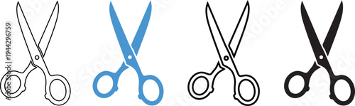 Four pairs of scissors in varying colors and styles are displayed