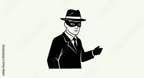 Mysterious Man in Fedora Hat and Mask, Noir Detective, Secret Agent, Vintage Style