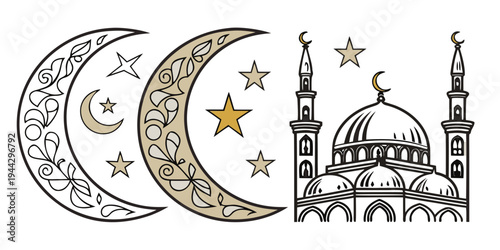 Crescent moons and a mosque with minarets and domes in a stylized design