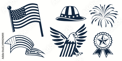 Patriotic symbols including flags, eagle, fireworks, and a medal