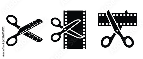 Film strip cutting scissors icon set collection representing video editing production process and creative filmmaking
