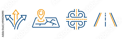 Road icons, set icon of highway, path sign, road junction, point pin address, thin outline editable stroke