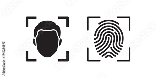 Biometric identification concept with face recognition and fingerprint scan technology icons in frames