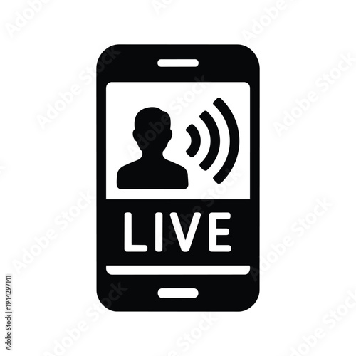 Smartphone screen shows live video stream person icon and wifi signal sound waves transmission