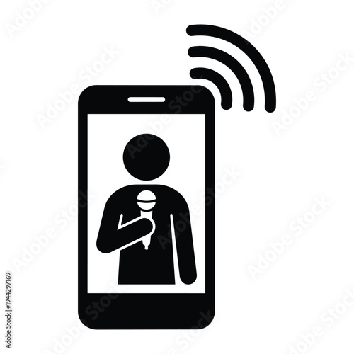 Live streaming broadcast on smartphone person speaking into microphone on screen with wifi waves