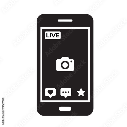 Smartphone screen shows live video camera icon heart and message icons social media interface