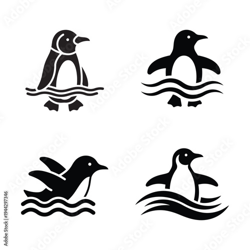 Penguin swimming icon set marine bird wildlife vector silhouette illustration