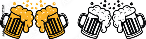 Clinking Beer Mugs with Foam Splash Vector Illustration