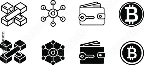 Editable outline icons collection for cryptocurrency and blockchain concepts