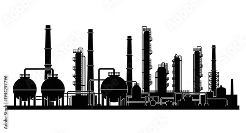 Industrial factory or refinery silhouette with pipes, tanks, and chimneys, representing energy production and manufacturing.
