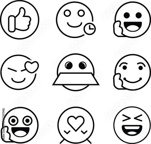 Emoji reaction icon set line style smiley faces vector collection