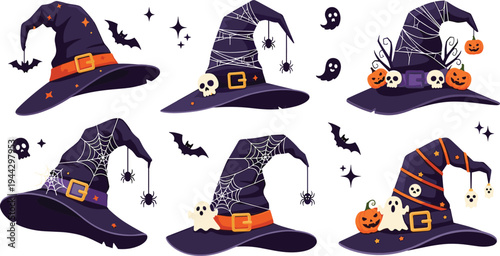 Halloween witch hat collection vector illustration with bats, spiders, pumpkins, ghosts and spooky decorative elements