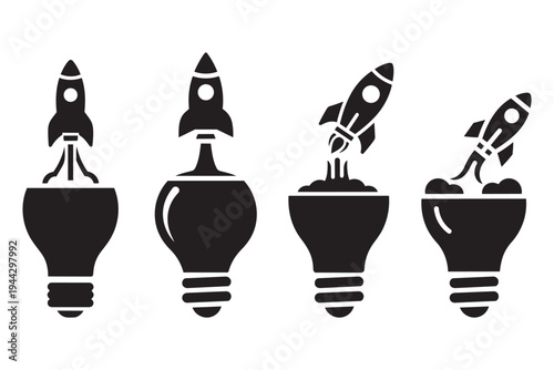 Rocket launch sequence from light bulb innovation startup idea concept vector silhouette icon set