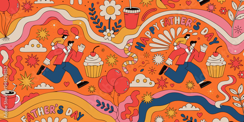 Seamless pattern father's day themed vector illustration background. Trendy and colorful father daughter background