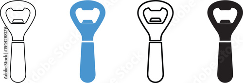 Four bottle openers displayed in varying colors and monochrome styles