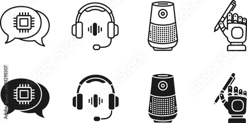 Editable outline icons collection microchip headphones and mobile devices