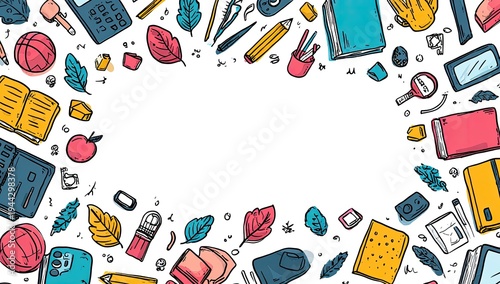 A colorful, outlined illustration of various school supplies framing a blank oval