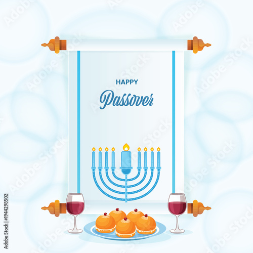 A festive Passover greeting illustration featuring a Torah scroll surrounded by Jewish symbols like a nine-branched menorah, red wine, and jelly donuts on a soft blue bokeh background