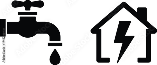 Black and white icon illustration of water faucet with droplet and house with lightning bolt, symbolizing utilities, plumbing, electricity, and household energy concepts