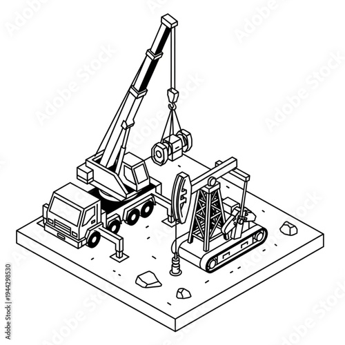 Isometric illustration of a crane lifting equipment at an oil pump jack site, depicting industrial operations and energy extraction.
