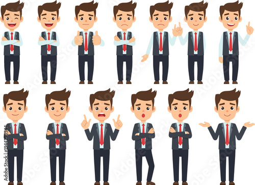 Set of 14 Cartoon Businessman Character Vector Illustrations with Diverse Poses and Facial Expressions for Business Concepts and Marketing