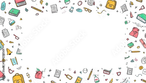 Colorful hand-drawn school-themed border filled with books, pencils, and other related items