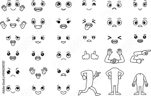 Set of 39 Black and White Cartoon Face Expressions, Hand Gestures, and Body Poses Vector Illustrations for Character Animation and UI Design