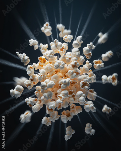 Dynamic Popcorn Explosion Flying Pieces Scattered in Air with Motion Lines Dark Background