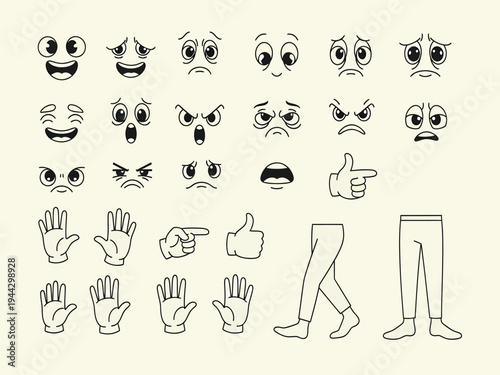 Set of 30 Cartoon Character Creator Elements Vector with Various Facial Expressions, Eyes, Mouths, Hands, and Legs for Animation and Design Projects