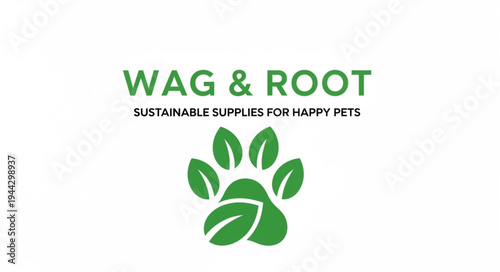 Wag & Root: Sustainable Supplies for Happy Pets - Green Paw Print Logo with Leaves.