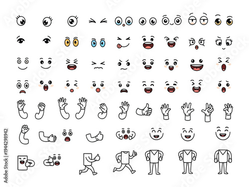 Set of 70+ Cartoon Character Creator Vector Elements: Eyes, Mouths, Hands, and Body Parts for Expressive Animation and Mascot Design
