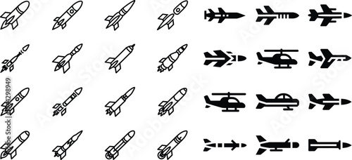 Rocket and helicopter icons: military aircraft and missile symbols set with air force with white background