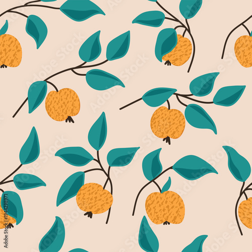 Seamless decorative pattern with yellow apples on branches. Print for textile, fabric, covers, wallpapers, print, gift wrap, decoupage, scrapbooking, quilting. For fashion fabric.