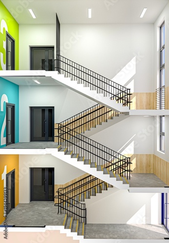 A contemporary staircase design featuring colorful walls and sleek railings, showcasing multiple levels in a modern building interior.