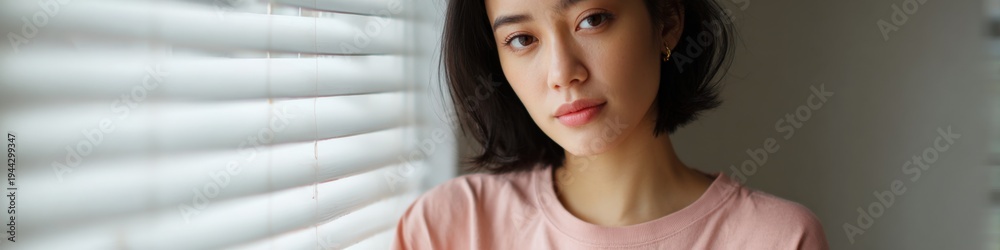 Fototapeta premium Asian female young adult window gazing near blinds soft natural light warm contemplative portrait