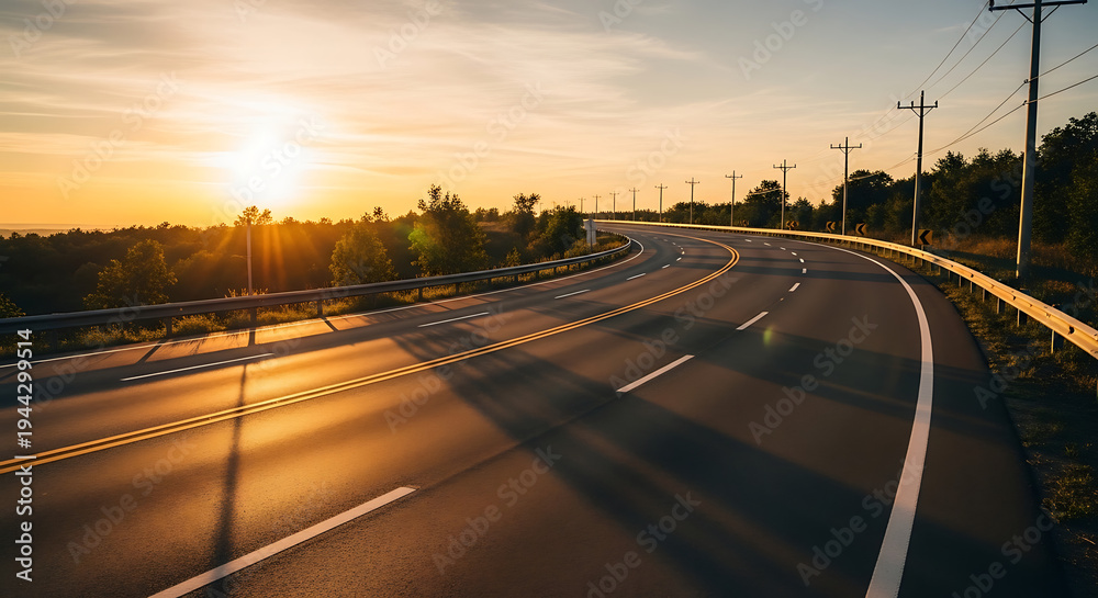Fototapeta premium A winding road curves through a landscape at sunset, with power lines and trees visible